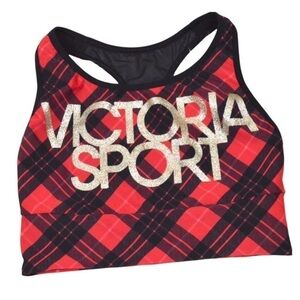 Victoria Sport Tartan Plaid Gold Glitter Spell Out Bra, Size XS